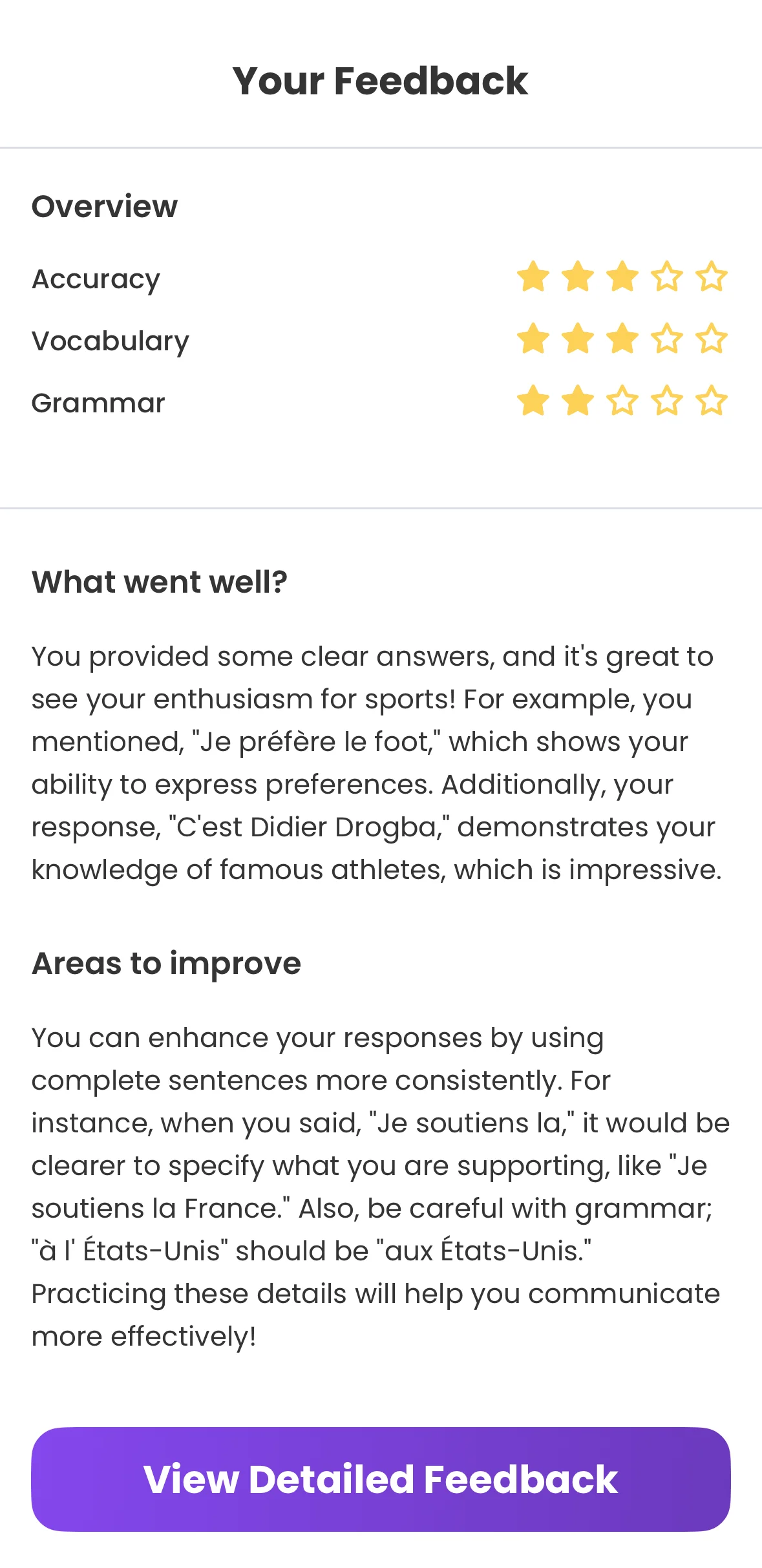 Speaking session feedback showing vocabulary grammar and accuracy scores