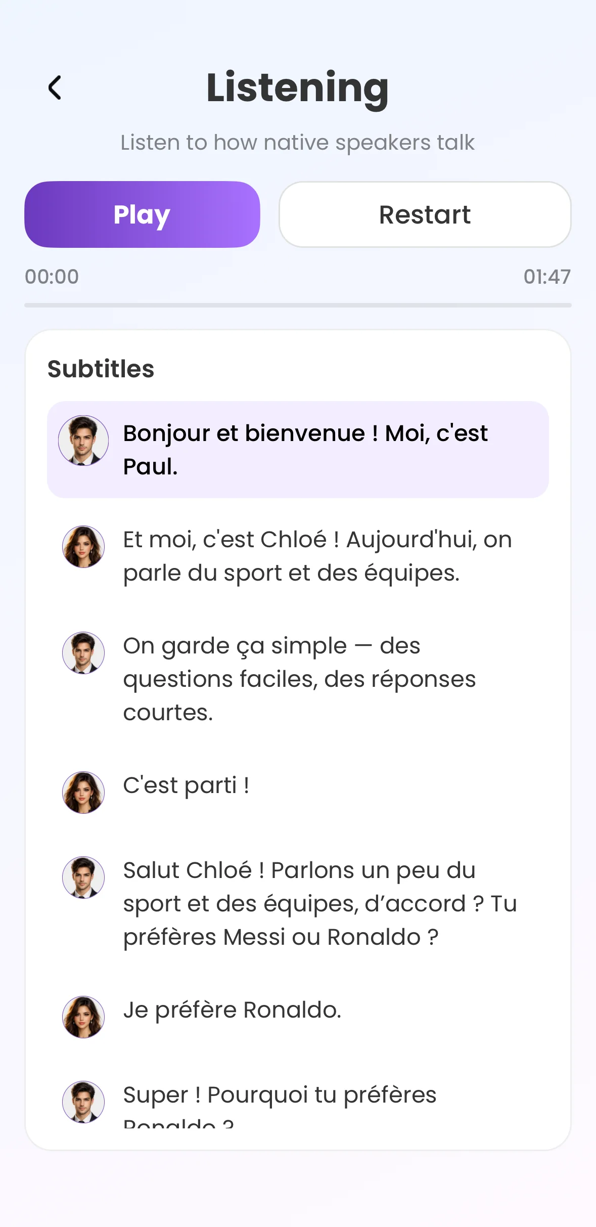 Native speaker listening practice with subtitles in the 2Bfluent app