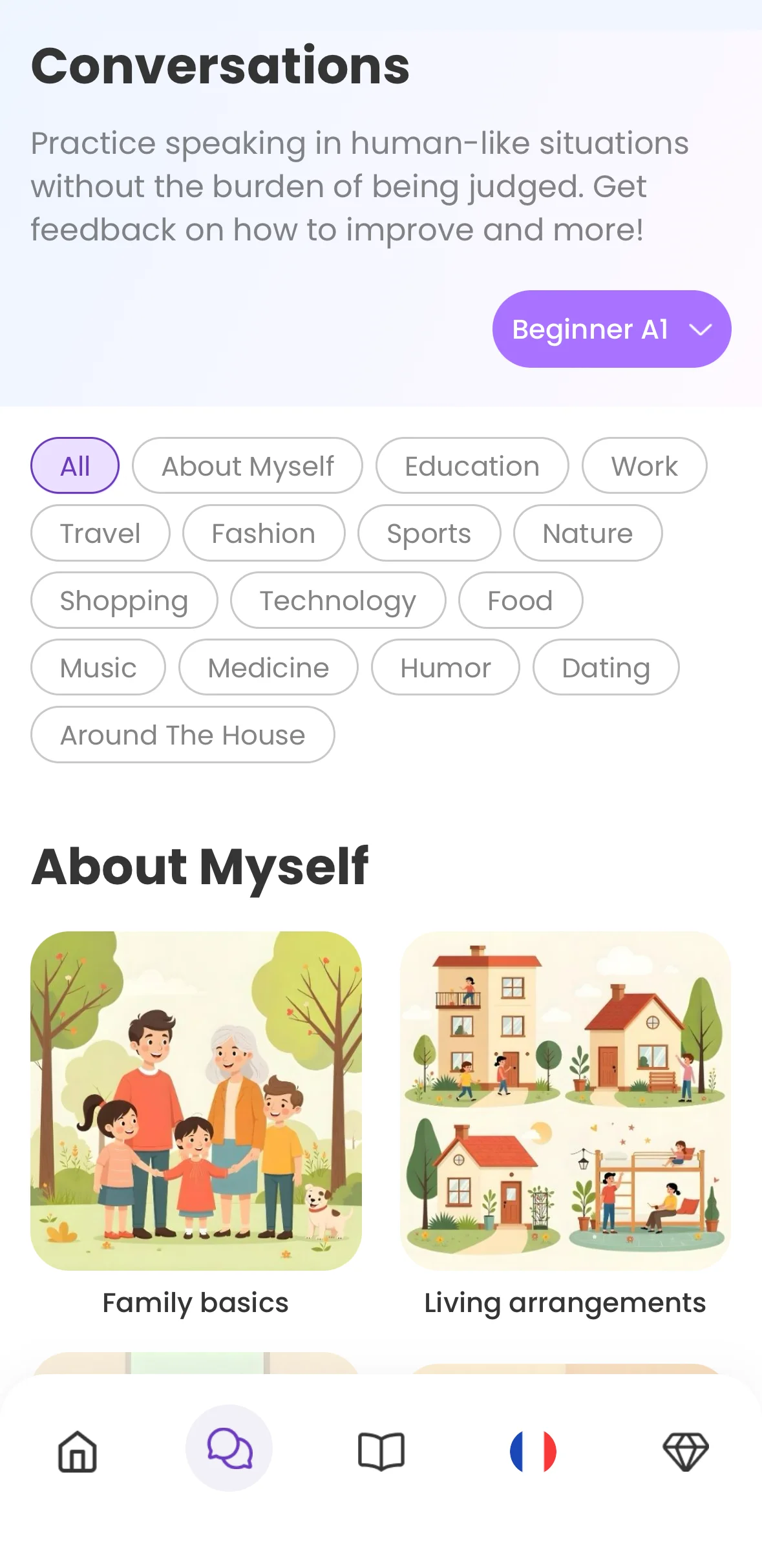 2Bfluent app conversation topics including sports, travel and food